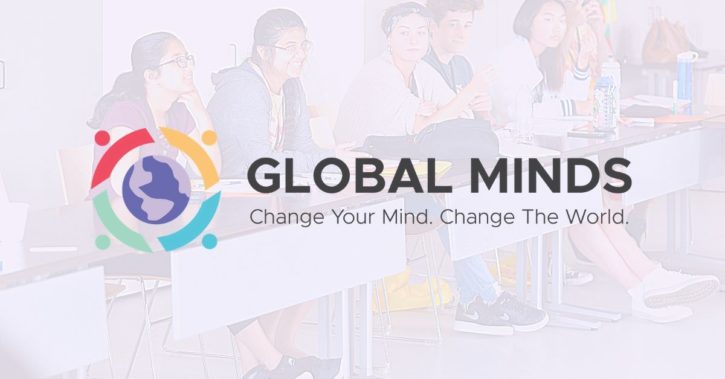 global minds logo with photo of students at desk faintly in the background