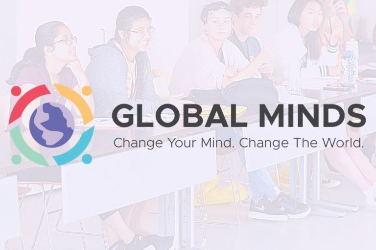 global minds logo with photo of students at desk faintly in the background